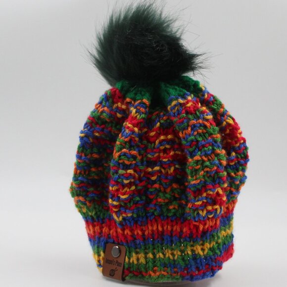 Handmade Hand Knit Multicolour Double Moss Stitch Knit Beanie with Green Pom Pom - Picture 3 of 4